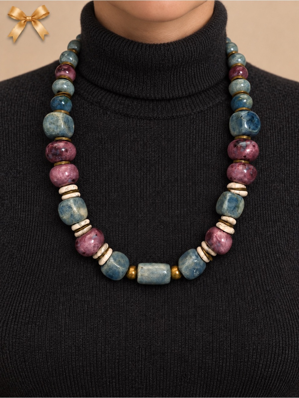 Chunky Blue & Purple Beaded Statement Necklace 18 Inch